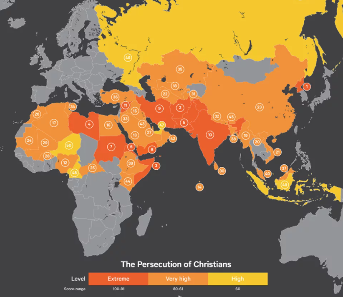 Areas of the world where Christians are persecuted.